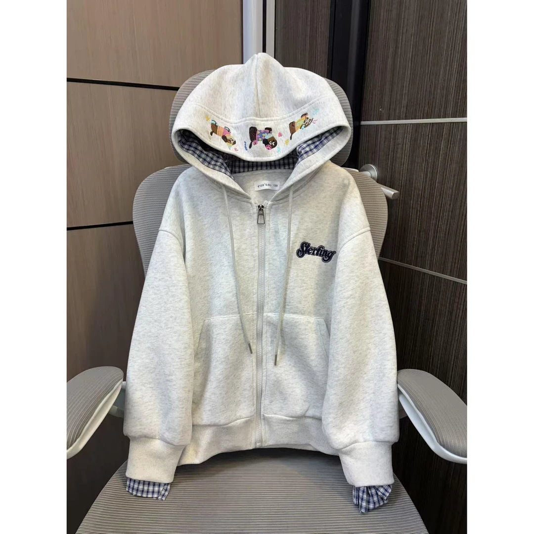 【现货】2025秋假两件潮流格纹腊肠狗刺绣连帽女童卫衣 D659 659 P