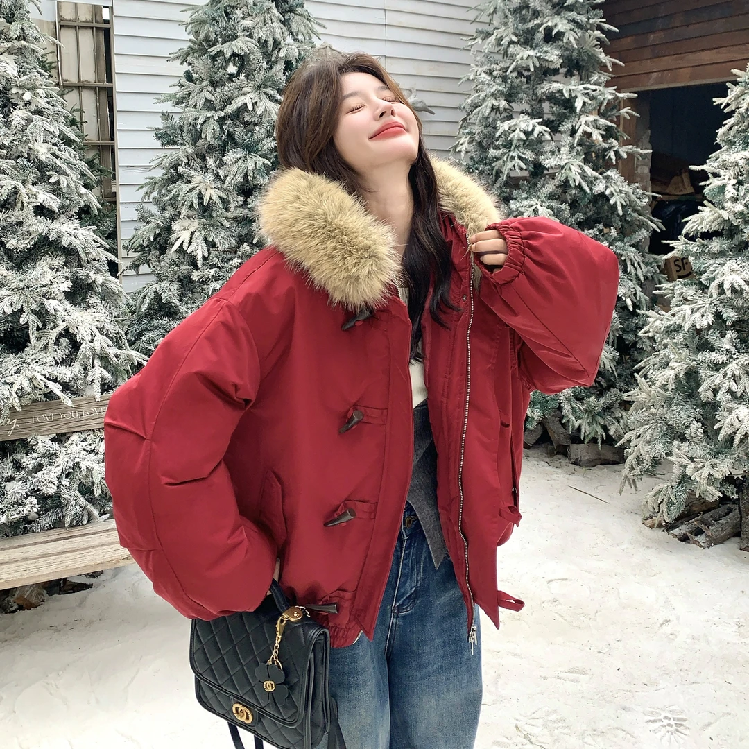 牛角扣大毛领连帽派克棉服女2025冬季新款韩系巨好看厚实保暖棉袄