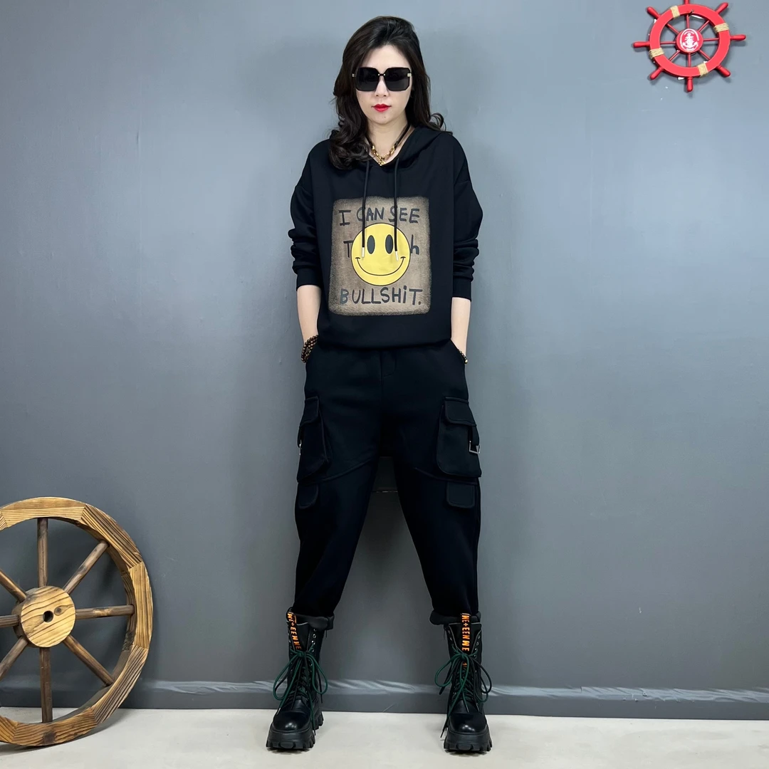 春款上新 时尚休闲减龄宽松百搭连帽卫衣、个性显瘦百搭口袋工装裤