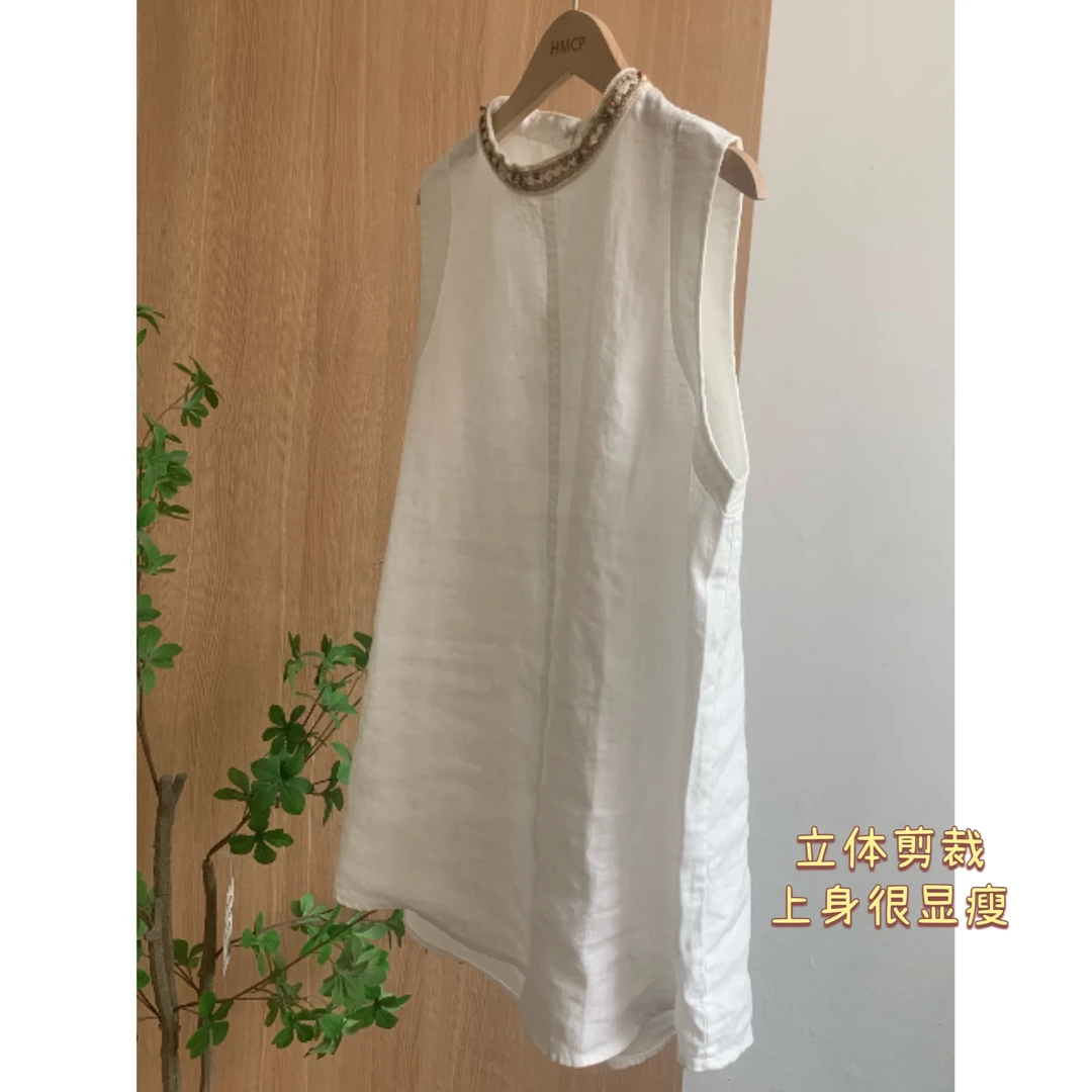 【西西里】纯亚麻无袖背心圆领夏季亚麻衬衫白色纯色高质感外穿