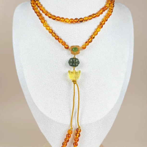 佳璐珠宝天然俄罗斯花珀6mm+设计款108珠链毛衣链时尚长款长链