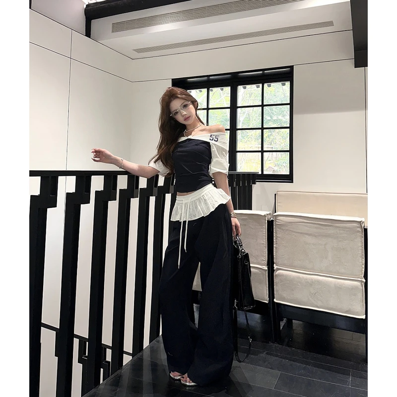 2025新款韩版小众别致绝美运动感撞色一字肩上衣荷叶边长裤套装女