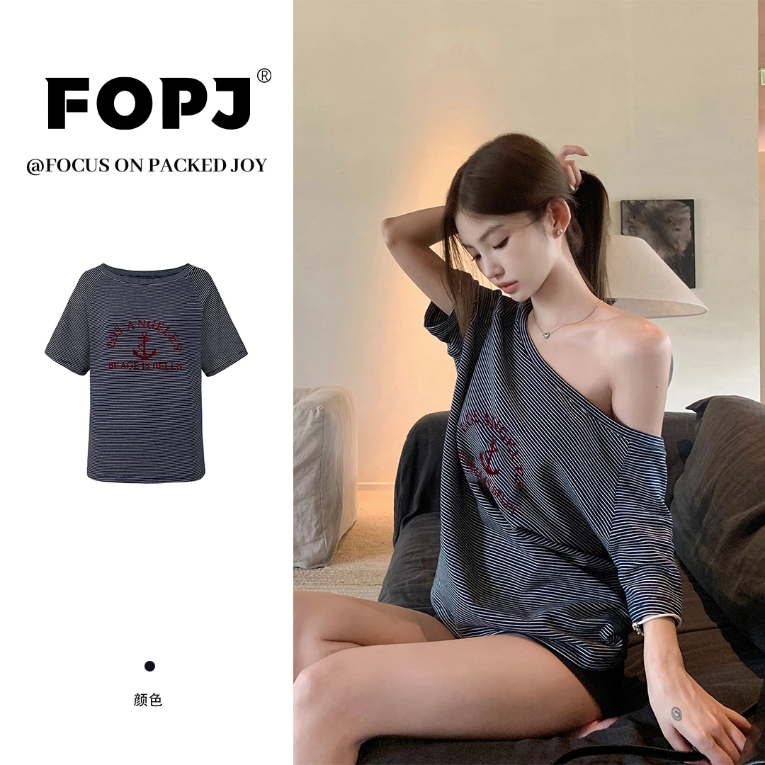 FOPJ时尚潮牌夏季穿搭一字领露肩短袖t恤女美式复古宽松纯欲上衣