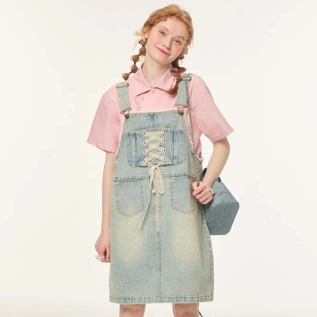2025年复古减龄小个子牛仔背带裙套装女宽松a字型连衣裙短裙夏季