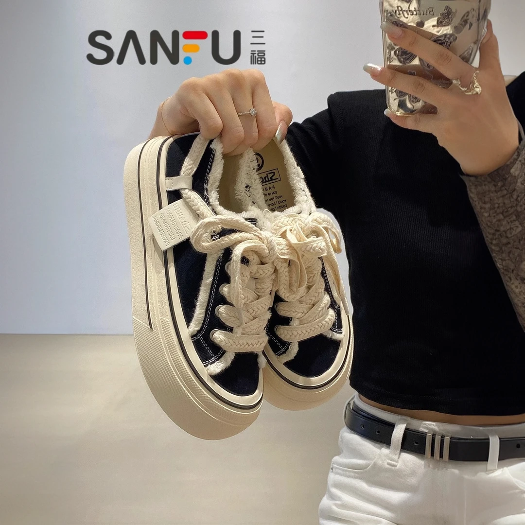 三福休闲运动女士黑色低帮丑萌大头圆头芒果头板鞋厚底毛边帆布鞋