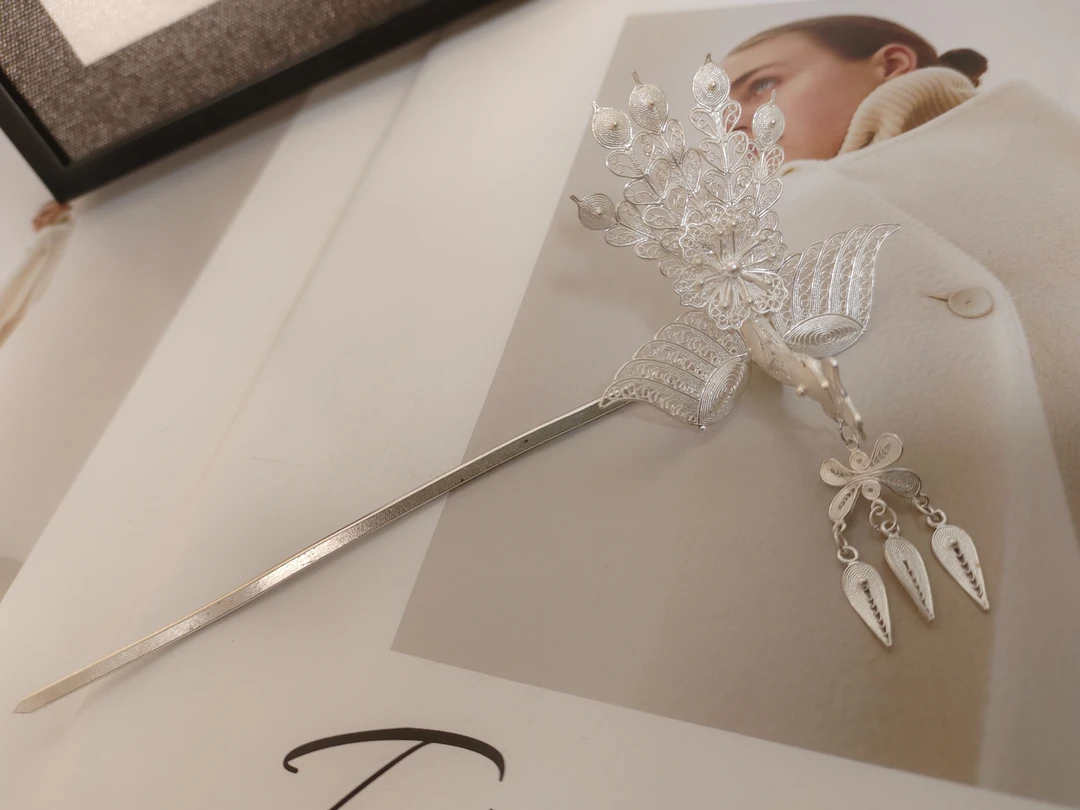 足银银制品 5尾巴孔雀复古民族风长簪