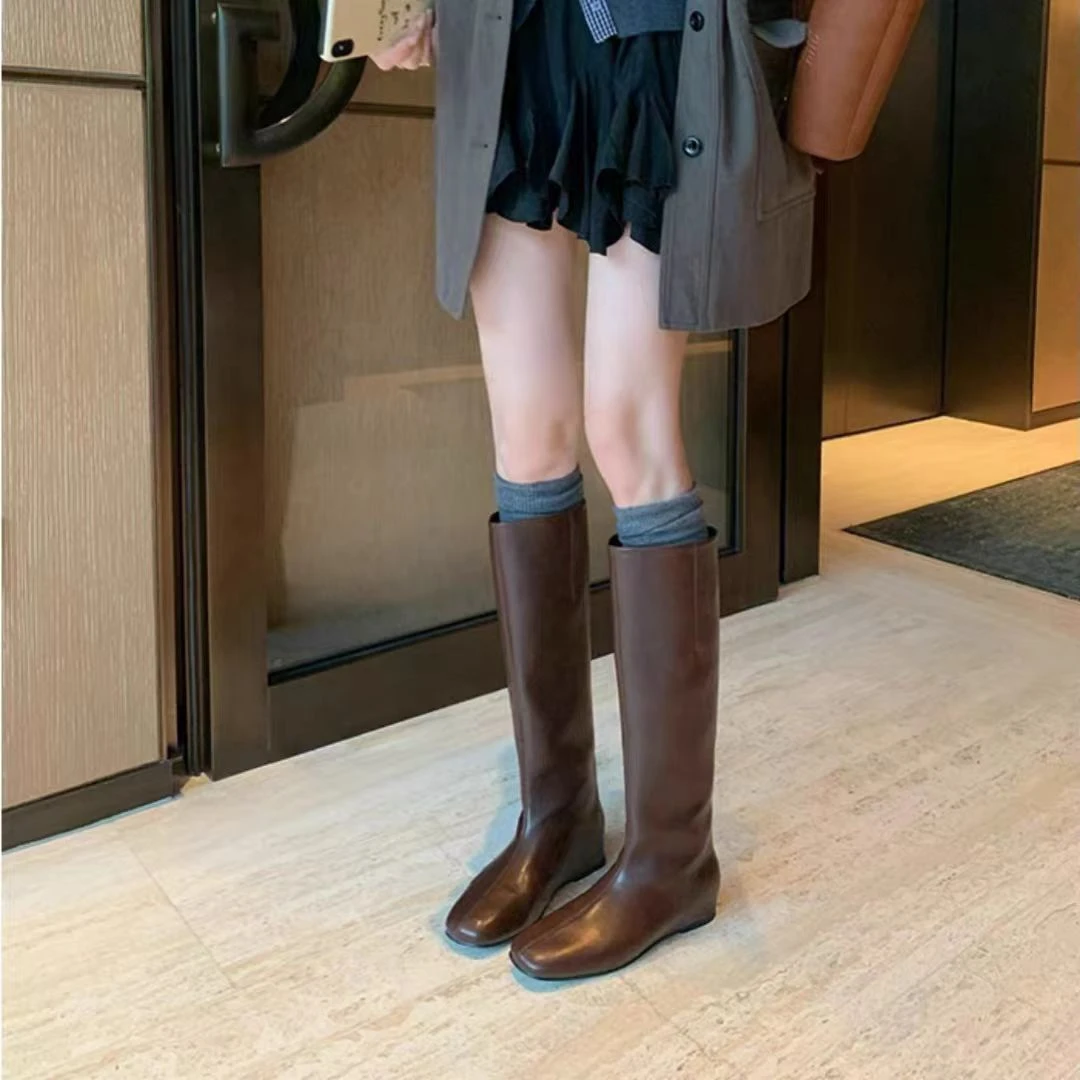 欧美圆头内增高中高筒骑士靴女2025新款百搭直筒长靴CK  923