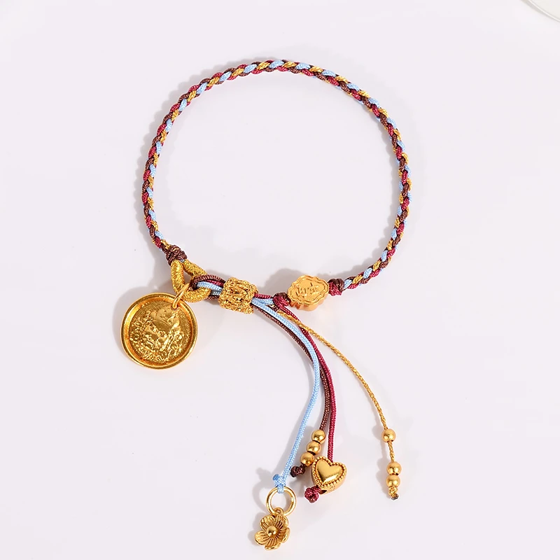 铜合金手链 新中式黄财神手链女编织手绳流苏手饰品叠戴轻奢送人