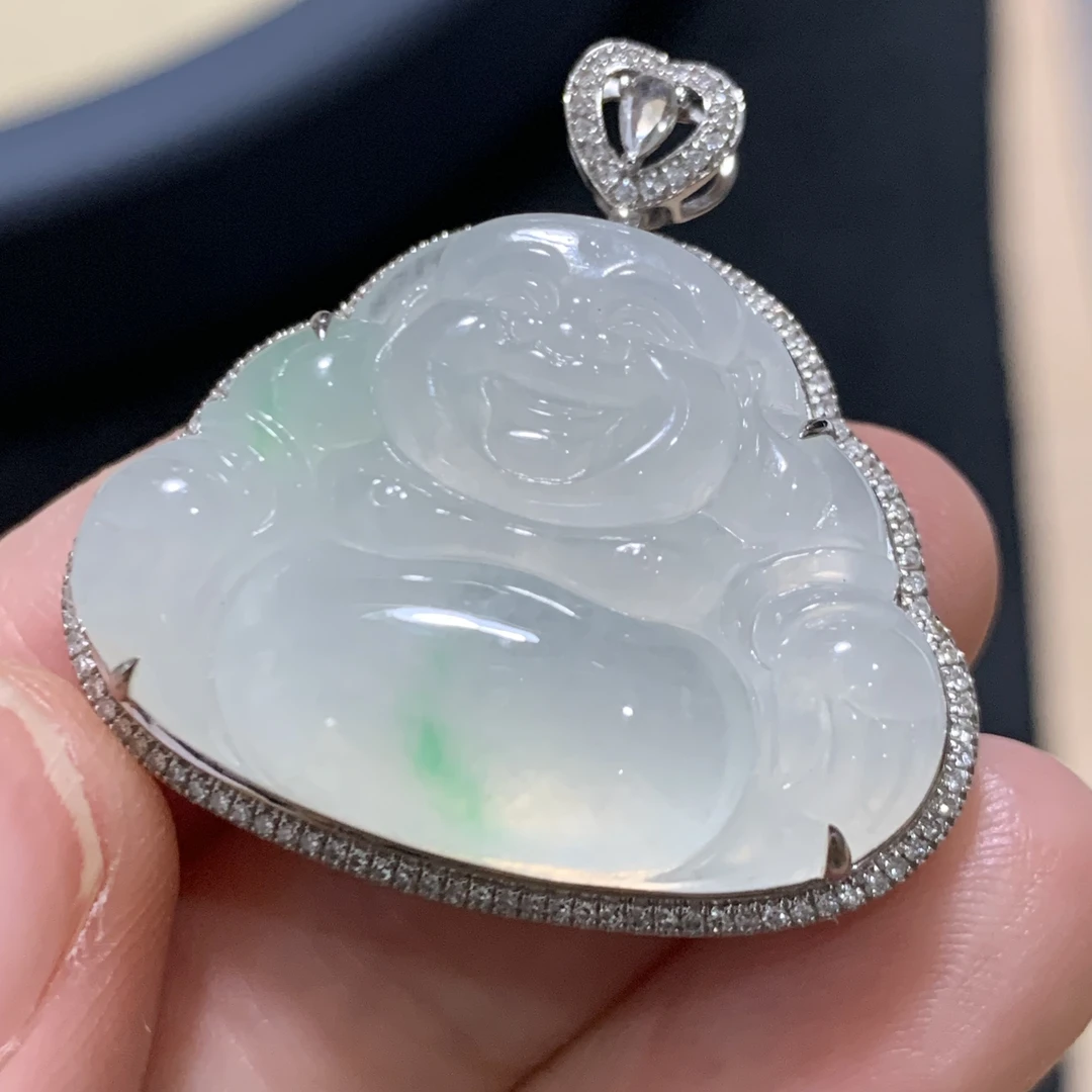 18kj翡翠飘花佛公吊坠