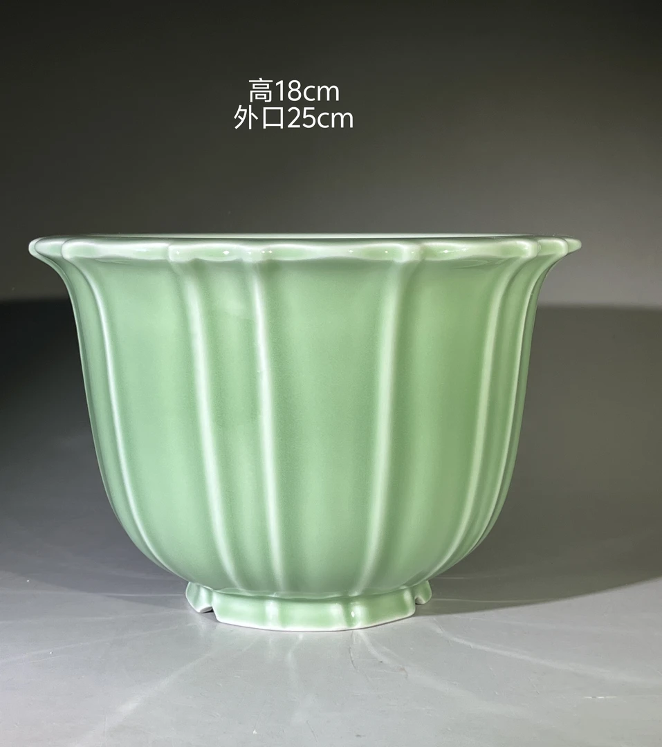 豆青釉金钟瓜棱手工陶瓷盆花盆陶瓷花盆