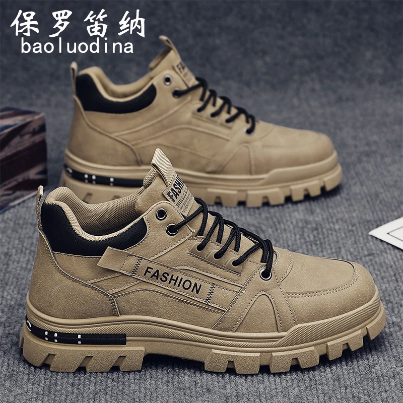 保罗笛纳劳保鞋秋季工地上班防滑耐磨板鞋男士休闲工装马丁靴高帮
