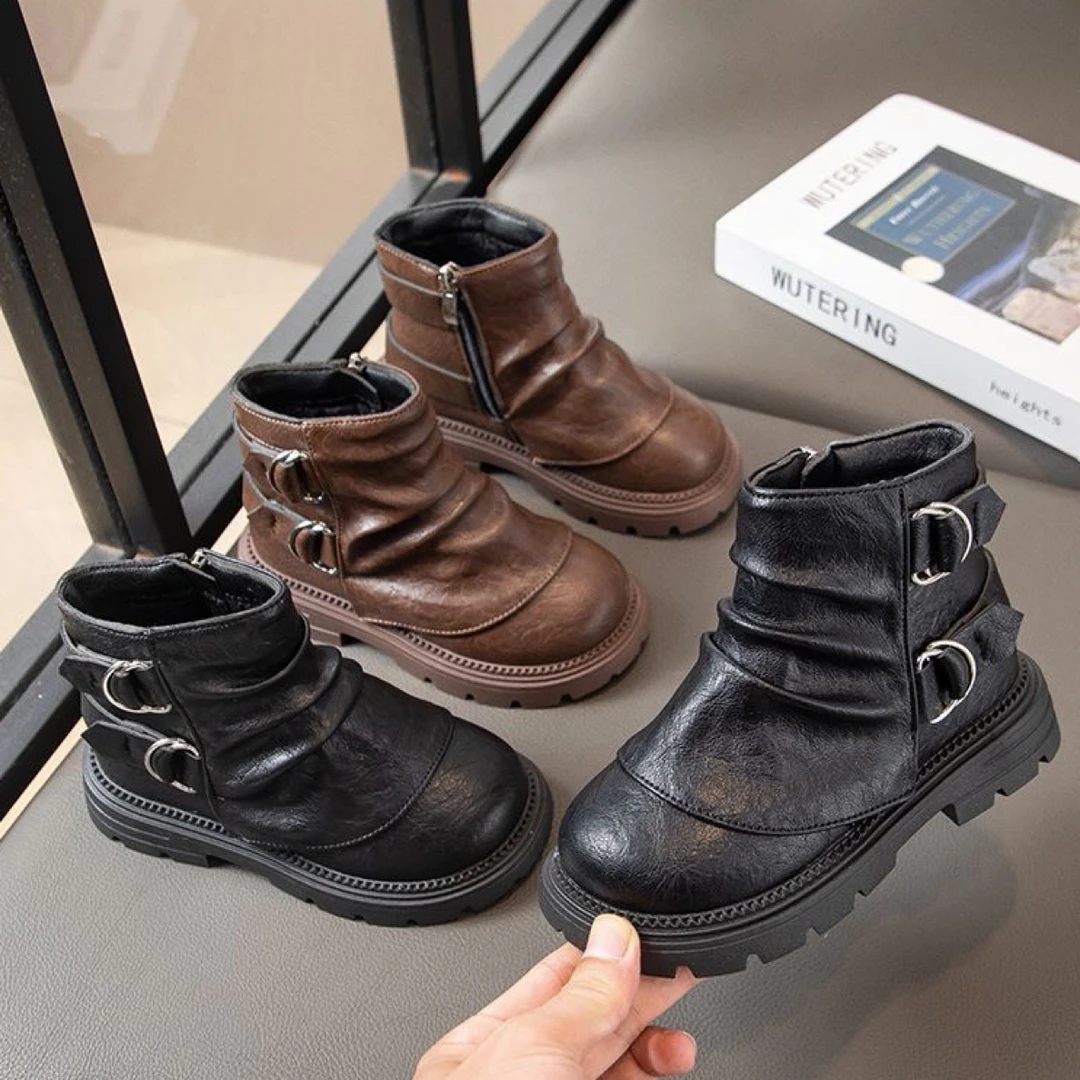 皮靴女休闲风防滑棉靴单靴侧拉链车缝线男靴子冬季儿童软底加绒