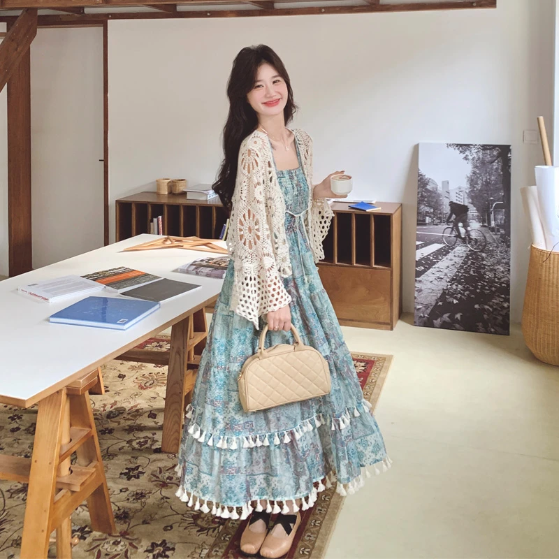 超仙氛围感套装裙女2025夏季新款波西米亚风镂空开衫吊带裙两件套