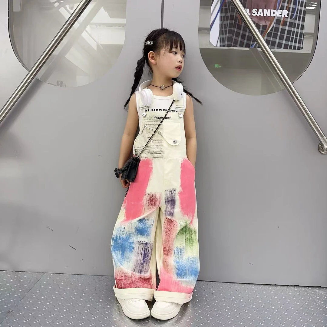 女童裤子儿童背带裤春夏装2025新款大童洋气休闲裤涂鸦直筒裤洋气