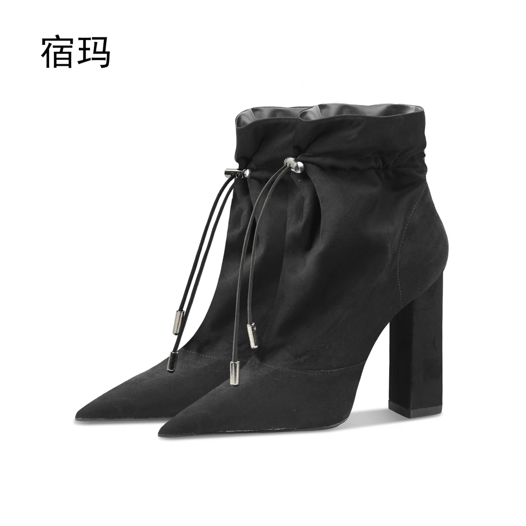 粗跟绒面黑色短靴2025年新款欧美尖头短靴气质百搭时尚高跟靴