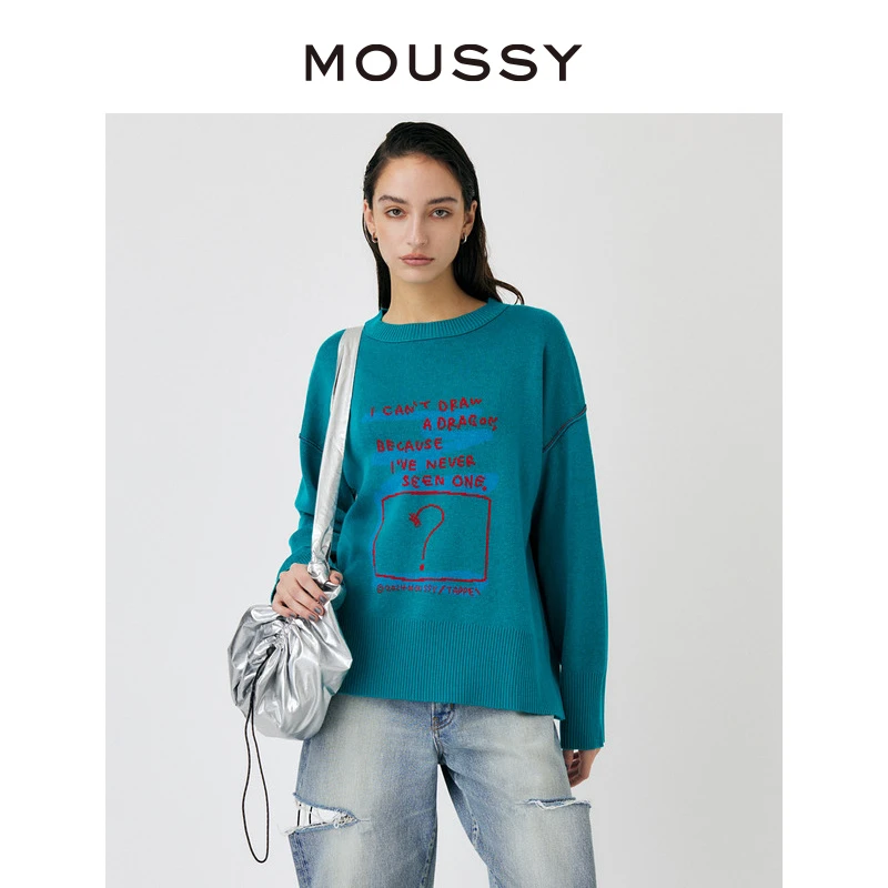 MOUSSY 2024秋冬龙年限定创意字母刺绣针织毛衣02S970-0171