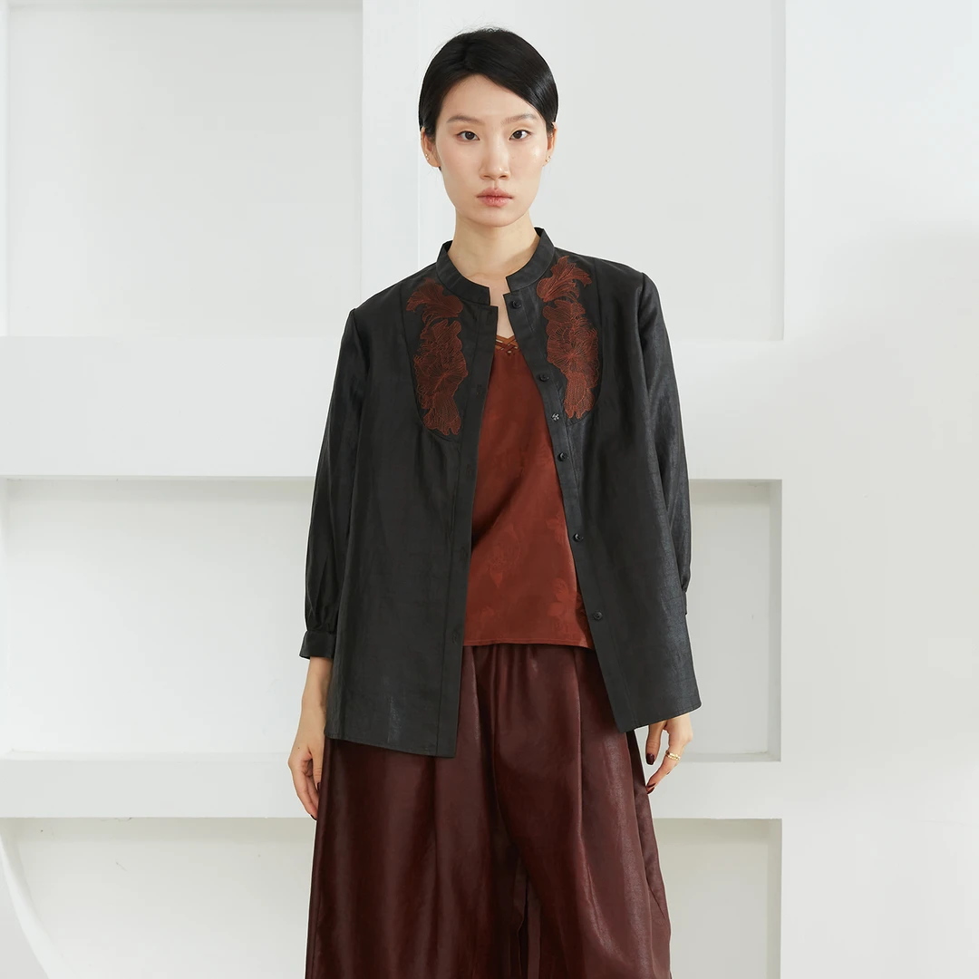 SILVIYE100桑蚕丝香云纱刺绣真丝女灯笼袖宽松上衣衬衣秋CS52019