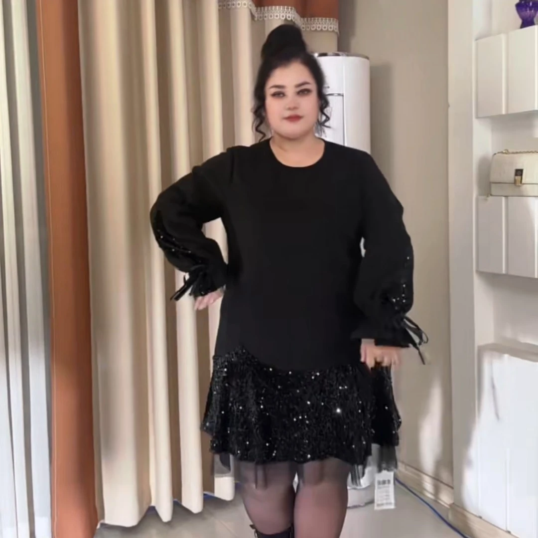 女装秋冬装优雅气质亮片网纱拼接长袖短裙时尚百搭显瘦