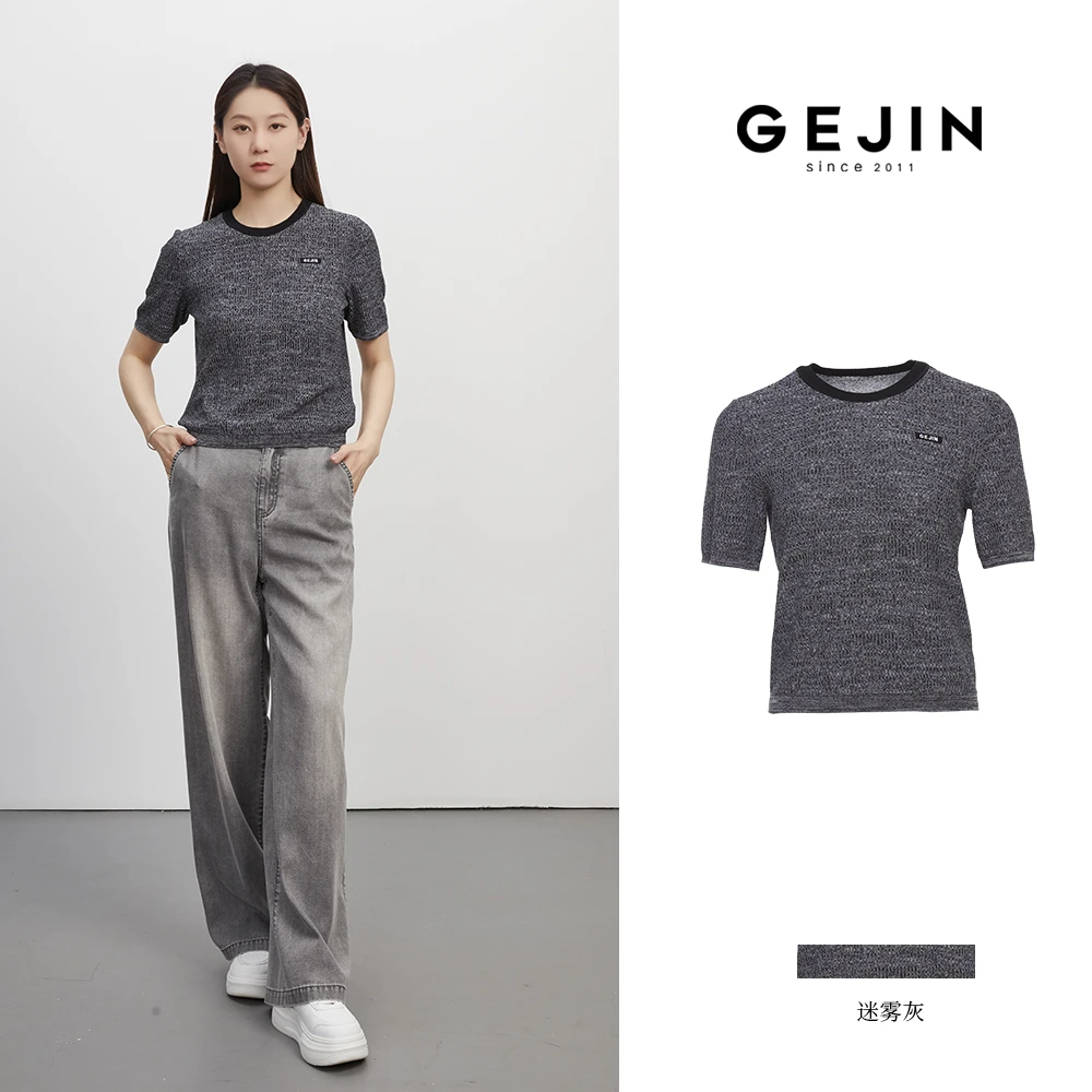 GEJIN/歌锦新款休闲时尚减龄百搭灰色花纱针织短袖9312560435