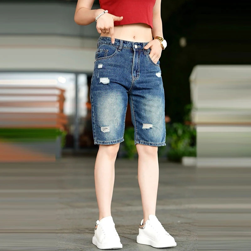 破洞牛仔短裤男士夏季薄款宽松直筒五分裤潮牌复古休闲中裤子
