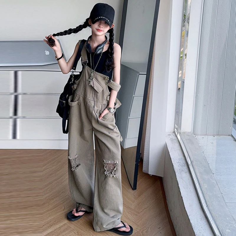 女童夏款时尚背带裤2025中大童女童潮酷黑色背心破洞背带长裤潮童