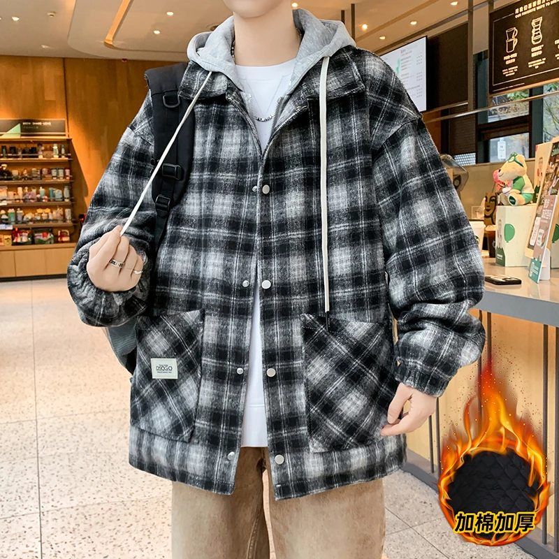 冬季新款男生加厚假两件格子外套潮流宽松连帽学生时尚小香风棉衣