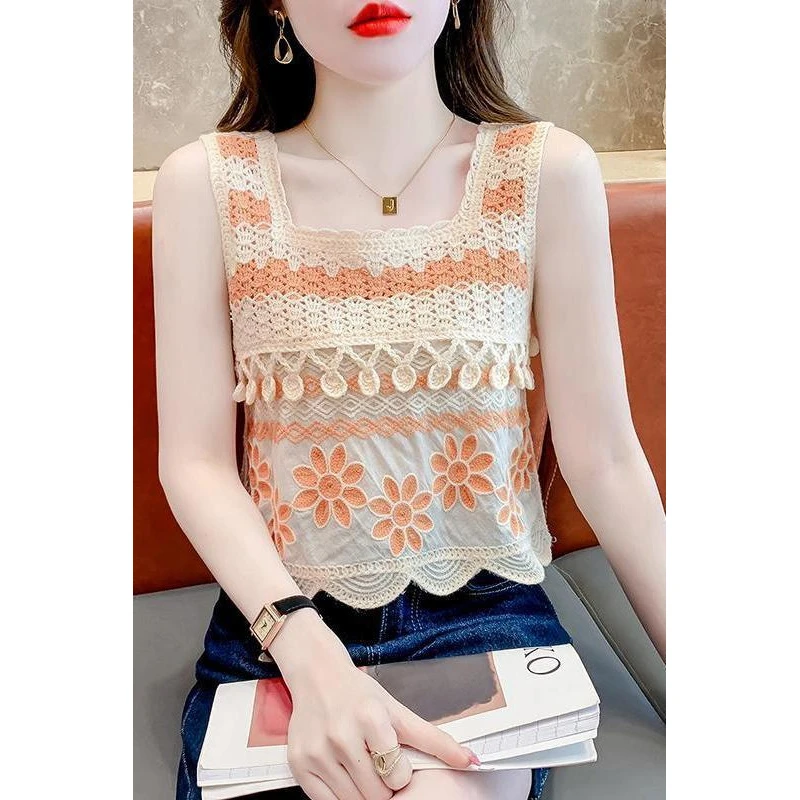夏日小清新甜美吊带背心2025针织新款镂空短款无袖上休闲百搭时尚
