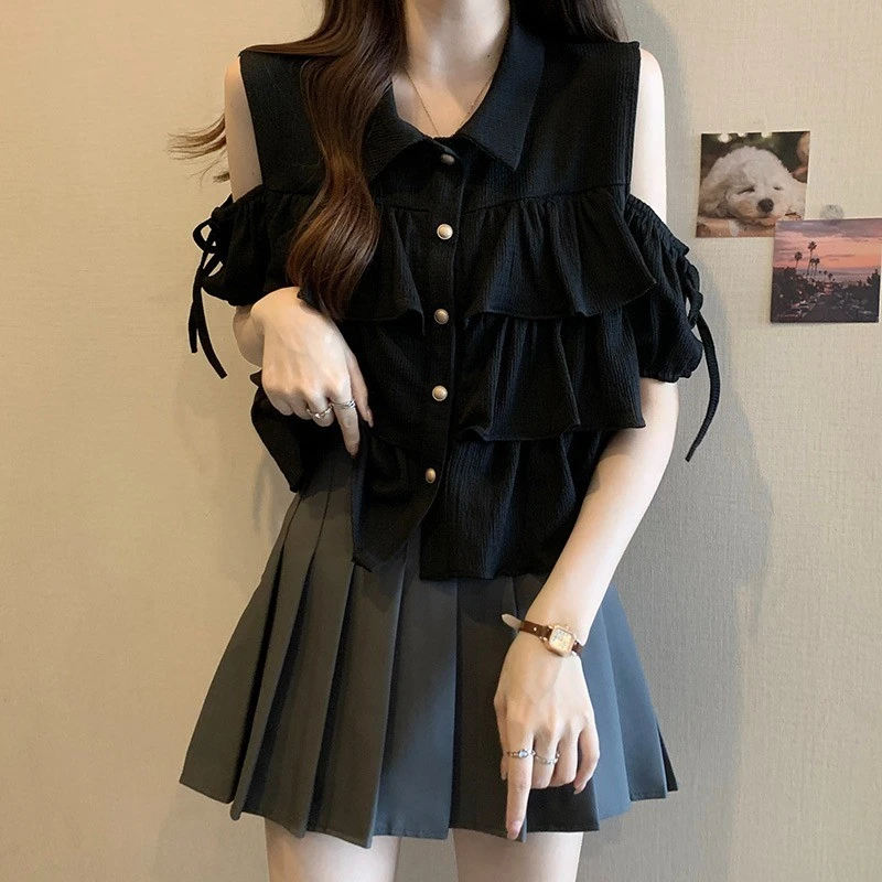 荷叶边露肩短袖衬衫女夏微胖妹妹小众设计感遮肚小众独特别致上衣