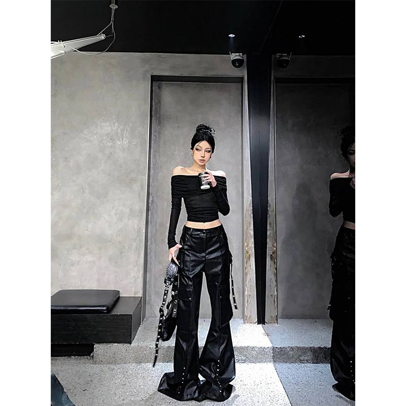 美式辣妹小众pu皮裤女设计感高腰显瘦微喇叭拖地裤潮