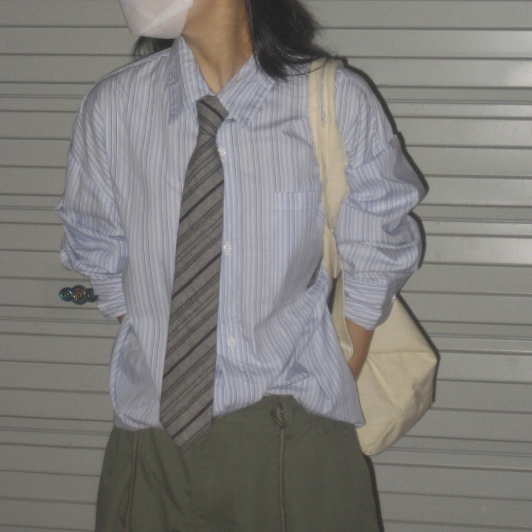 Sina美式复古bw拼接补丁腰果花条纹衬衫宽松长袖43