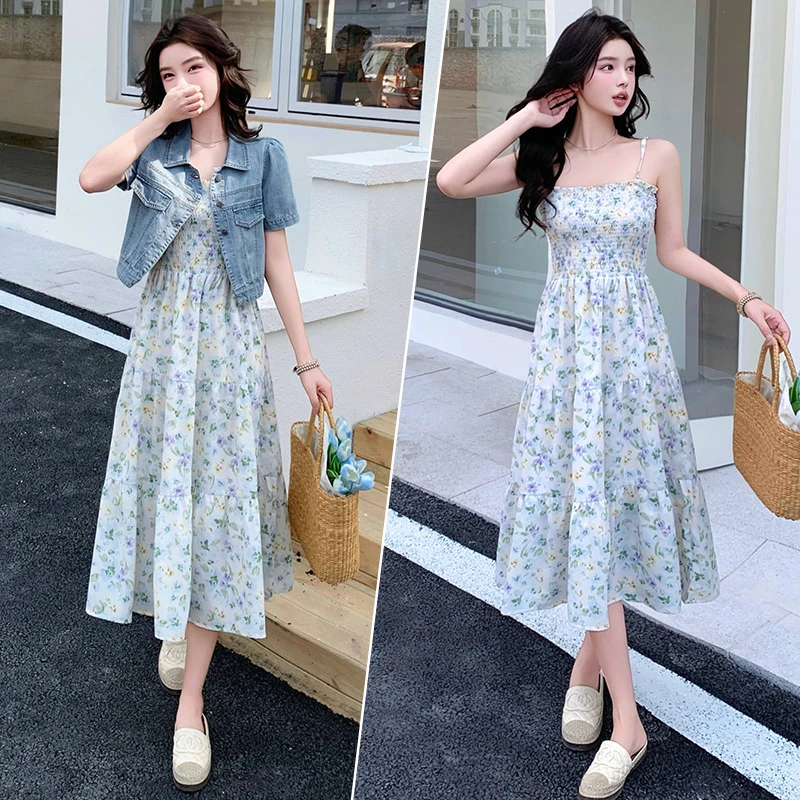 2025夏季新款韩版时尚气质碎花吊带连衣裙女收腰显瘦中长款裙子