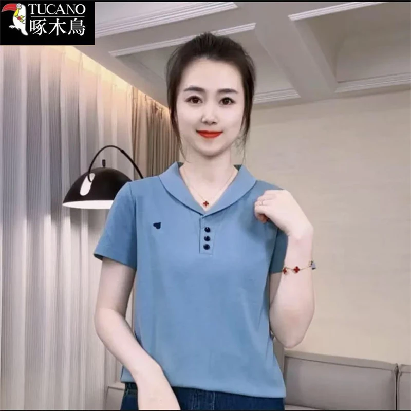 啄木鸟短袖修身显瘦T恤2025年夏季新款运动翻领设计感刺绣上衣女