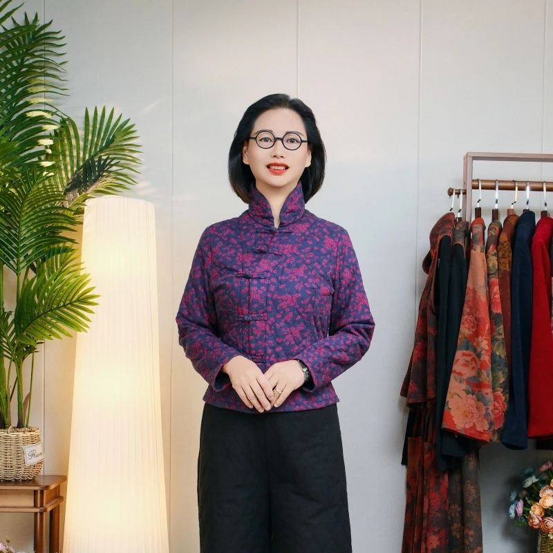 <花簇3>高织精梳棉立领盘扣长袖小斜襟休闲秋冬小棉衣优雅2159-1