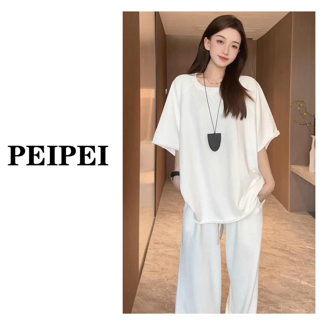 【春夏套装】慵懒纯色宽松百搭休闲大版夏季短袖五分袖T恤女