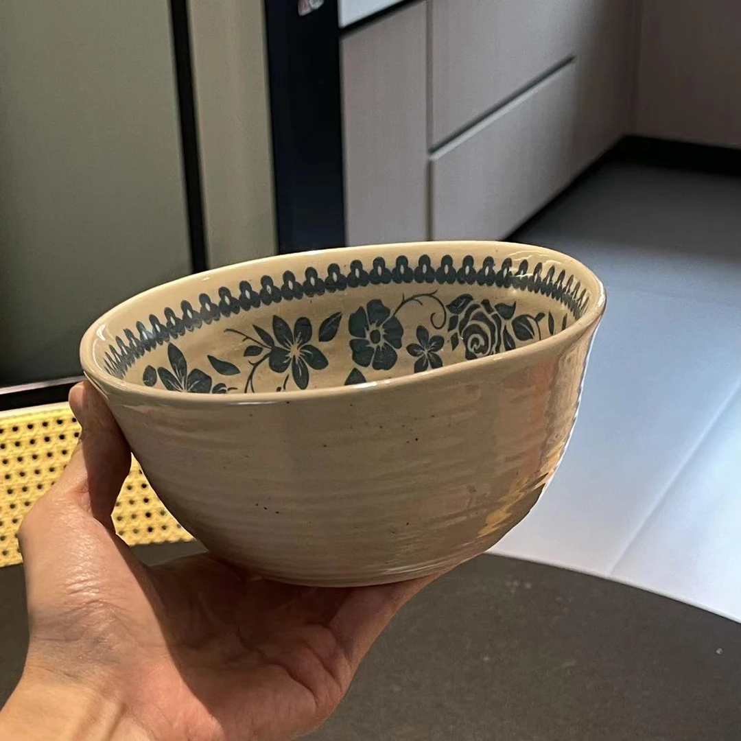 w195 ins风陶瓷复古釉下彩印花汤碗6英寸异形碗 微瑕 凑满20发货