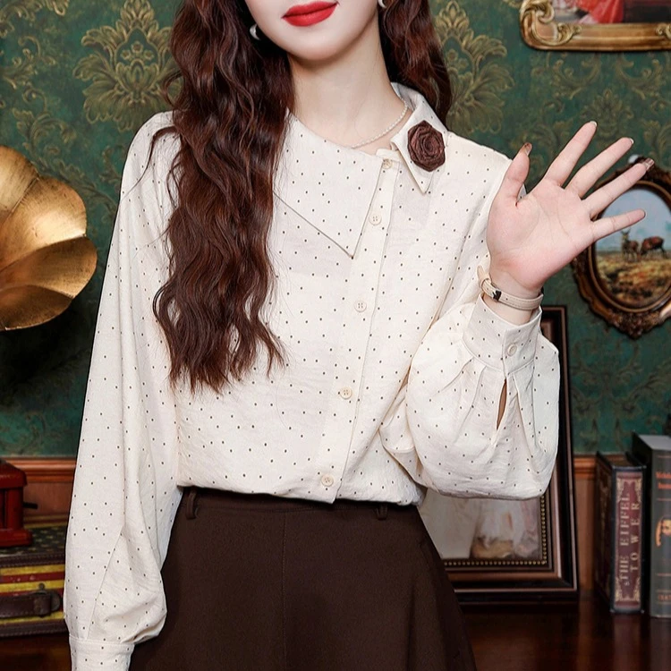 港风复古不规则波点长袖衬衫女2024冬季洋气减龄设计感百搭上衣潮