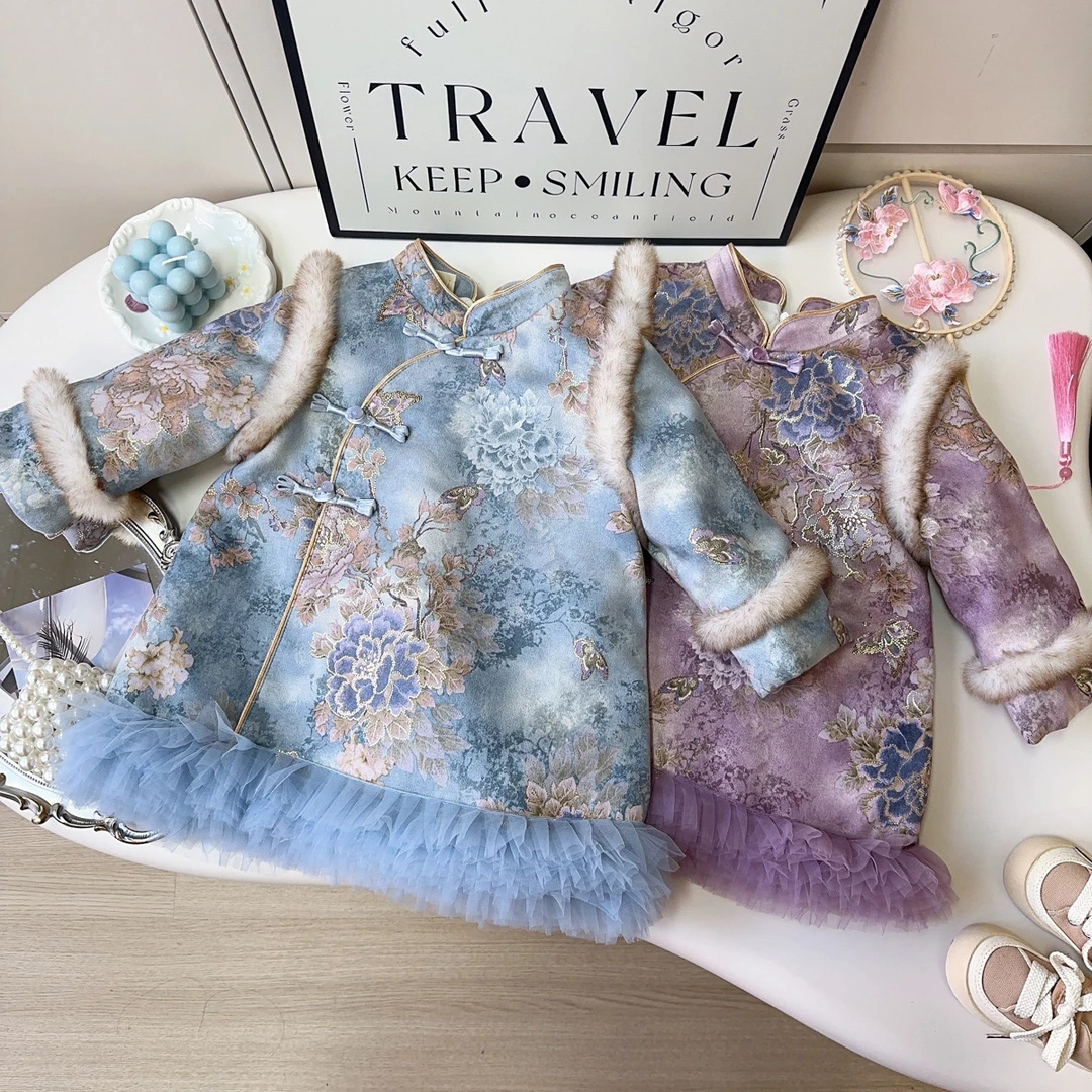 女童新中式国风加绒加厚拜年服冬季新款女宝唐装连衣裙AWA907