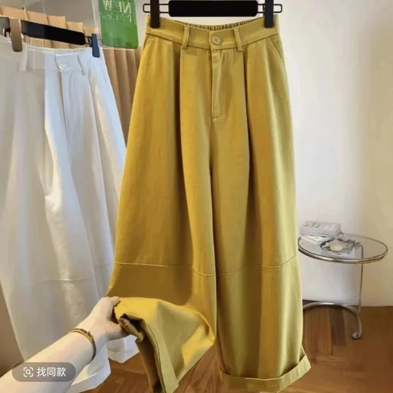 黄色九分阔腿裤女夏2025新款宽松休闲显瘦直筒大版气球裤工装裤