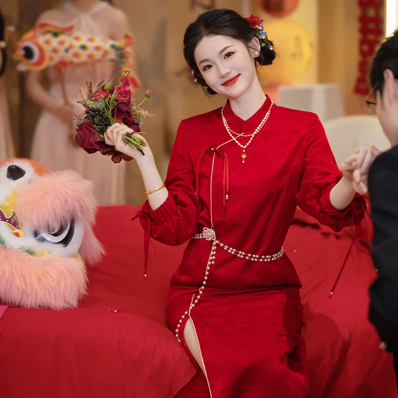 新中式旗袍女新娘敬酒服红色订婚礼服裙晨袍结婚便装出阁宴回门服