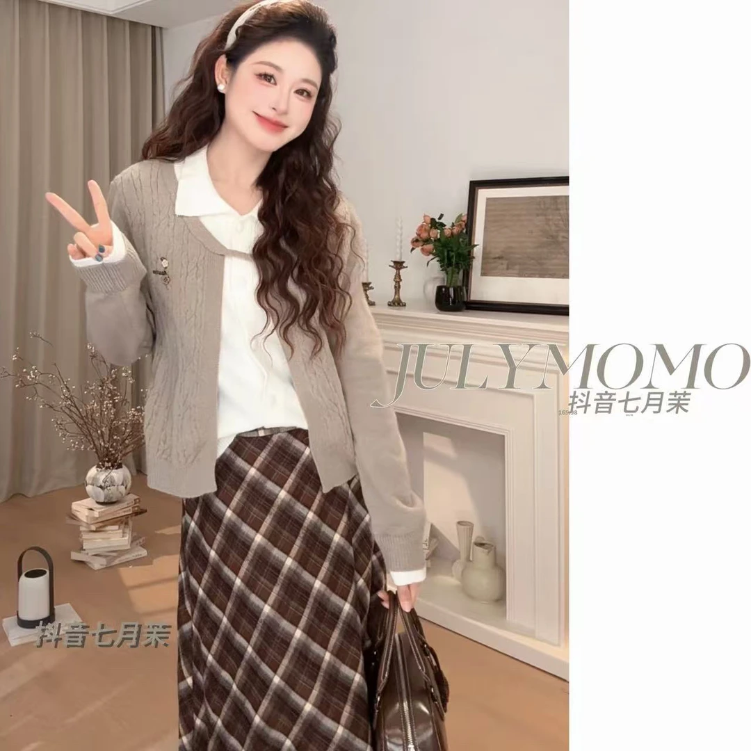 韩系学院风套装女假两件温柔上衣2025早秋穿搭一整套8225