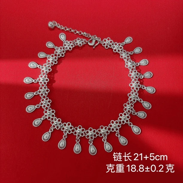 足银脚链 足银梅花吊水滴灵动脚链国风古风精致足链