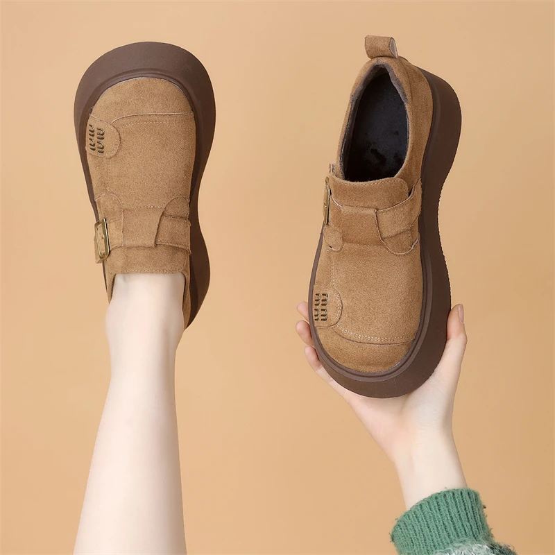 厚底勃肯鞋女2025年春季爆款圆头绒面休闲百搭乐福鞋复古单鞋女