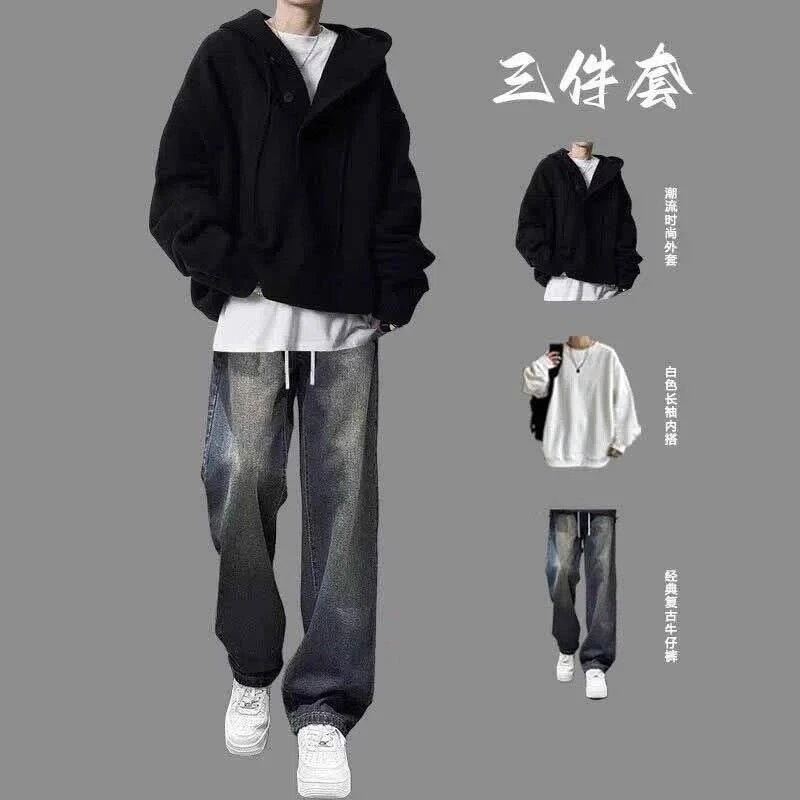 秋冬新款连帽针织青少年简约男生套装美式毛衣外套男士冬季套装