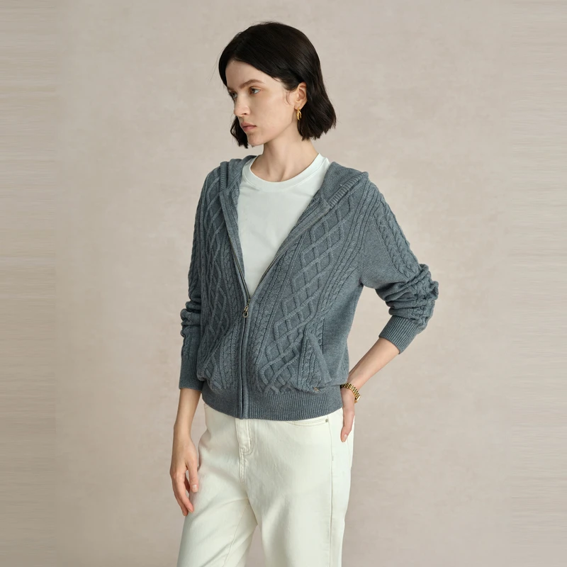 POLOWALK女装2024新品秋季连帽开衫针织衫