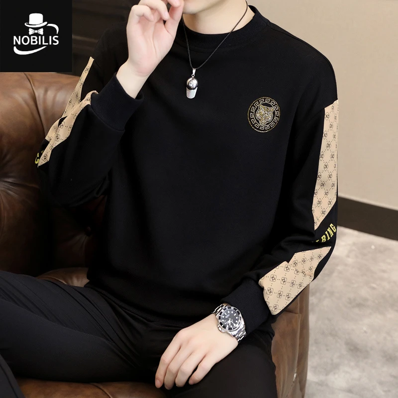 男士卫衣春秋季新款烫钻宽松潮牌长袖t恤圆领春秋装上衣打底衫