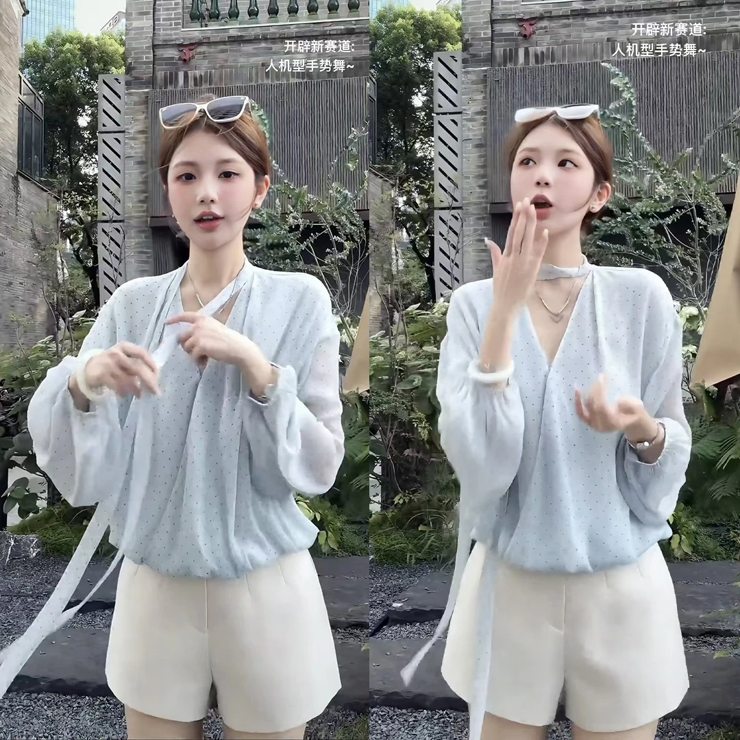 法式气质设计感波点长袖衬衣女2025夏季小众别致上衣百搭阔腿短裤