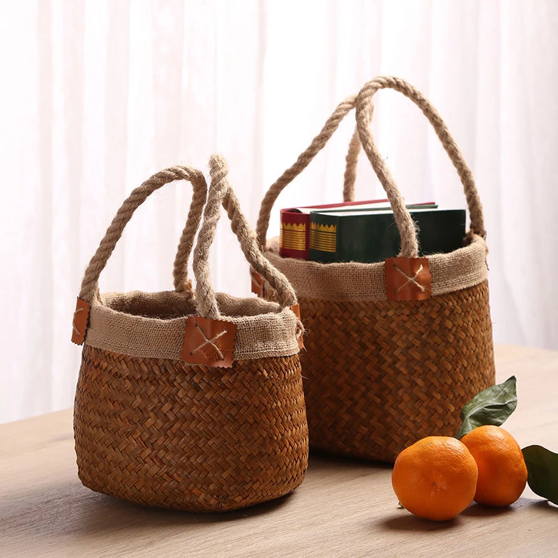 手提篮子手工编织筐手拎包海草编织篮子创意竹篮藤编花盆鲜花花篮