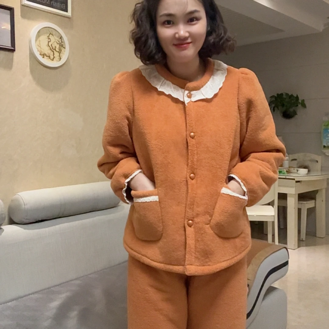 半边天家冬季新款花边领美丽绒加厚可外穿睡衣家居服女款