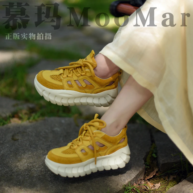 【慕玛】头层牛皮2025镂空厚底运动鞋撞色复古真皮阿甘鞋休闲鞋2851
