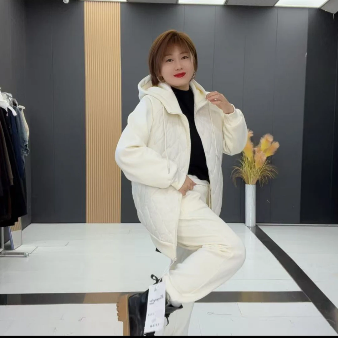 6152梵#大码时尚冬季休闲运动加绒加厚夹棉连帽上衣*卫衣卫裤套装